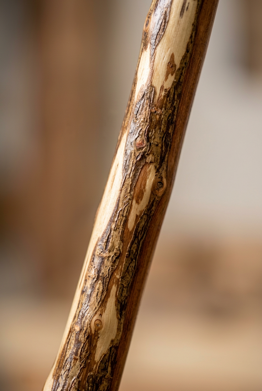 Close-up of brown bark, exposed pale wood, and knots on a rustic hardwood broom handle
