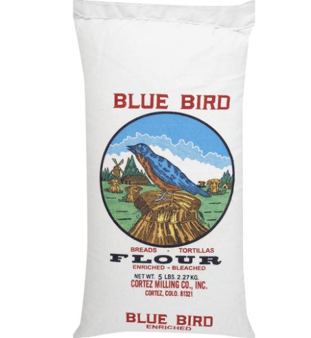 Blue Bird Native American Frybread Flour packed in a 5 lb Reusable Cotton Bag. Perfect for Breads, Donuts, Cakes, and Pastries.